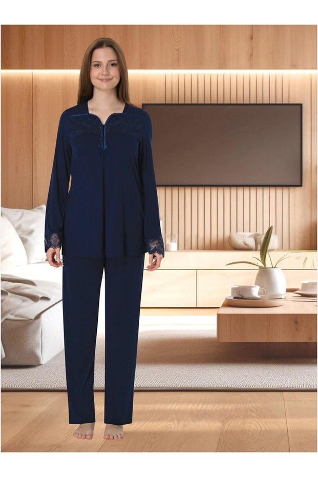 Women's Navy Blue Lace Detailed Special Design Cotton Maternity Pajama Set