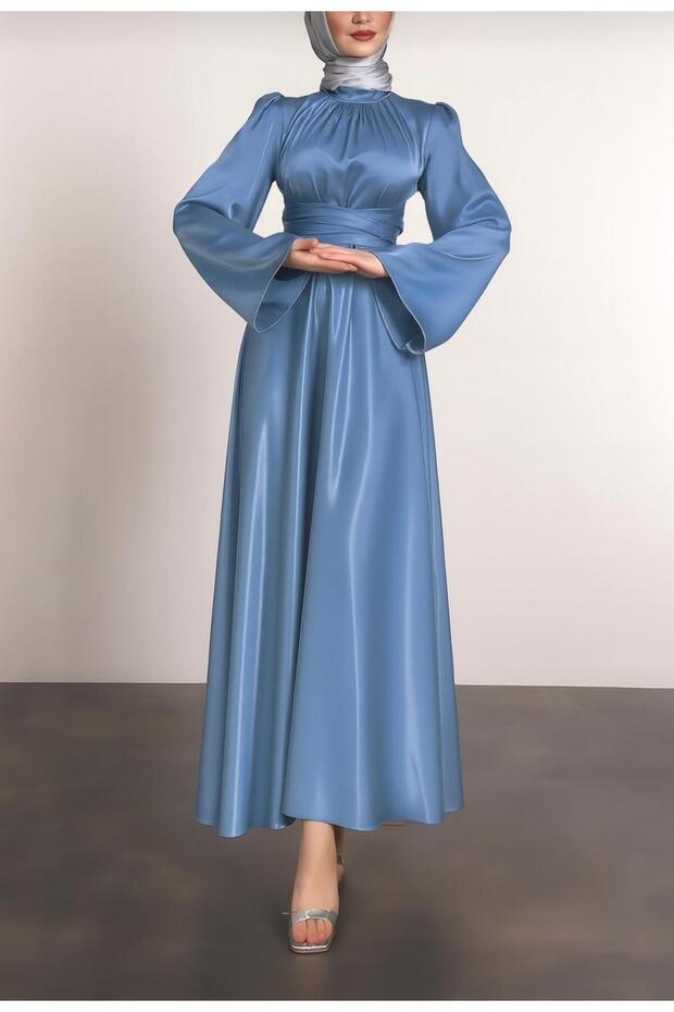 Bell Sleeve Wrap-Waist Satin Evening Dress Indigo 583163