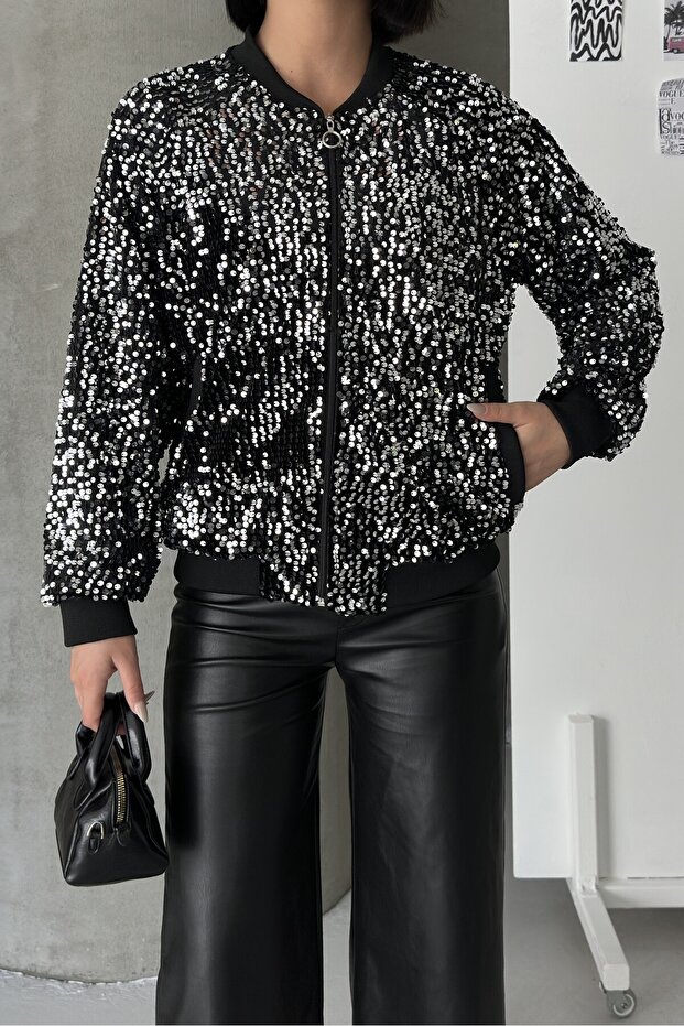 Sequined Bomber Jacket Silver - 1