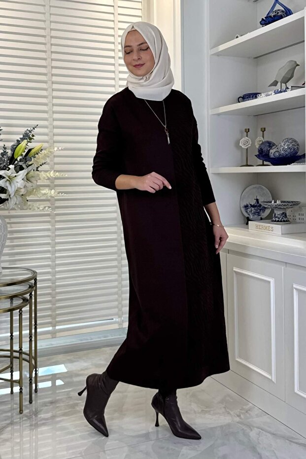 Zebra Desen Triko Elbise Acı Kahve - 4