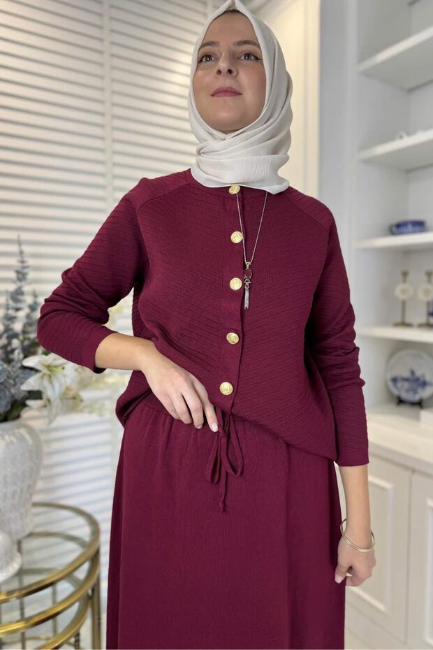 Melis Çelik Örme Triko Takım Bordo - 3