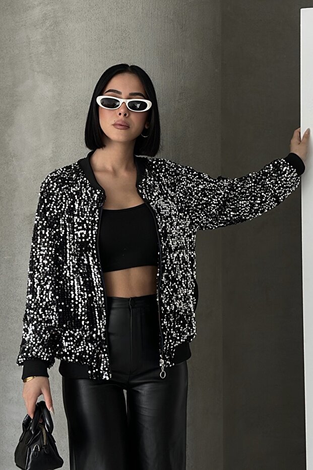 Sequined Bomber Jacket Silver - 4