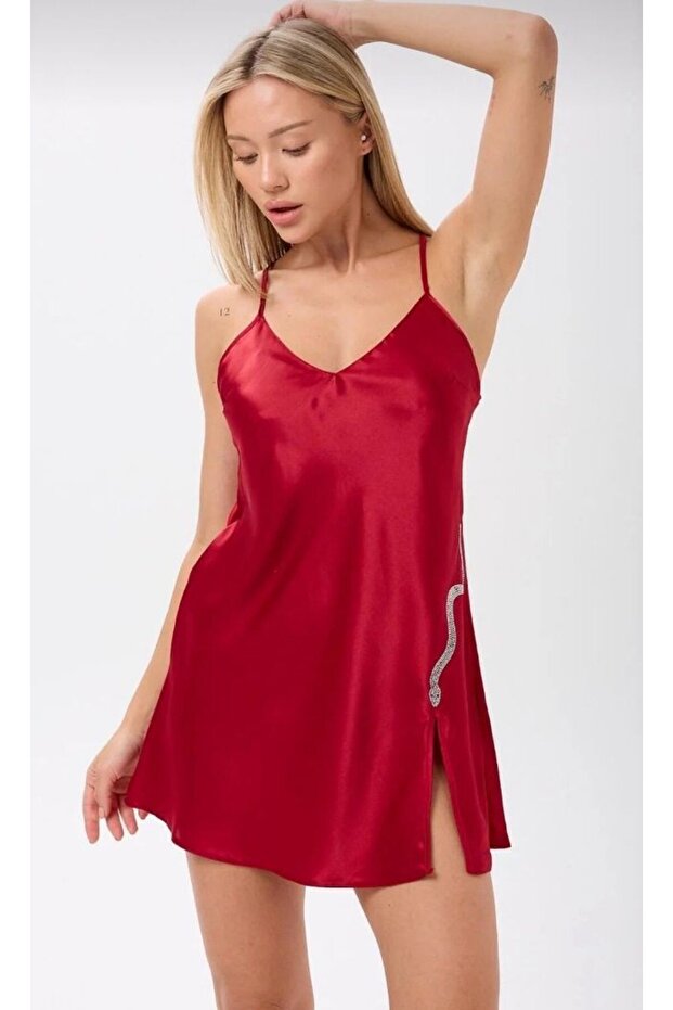 Satin Nightgown with Snake Detail, Stone Printed, Backless