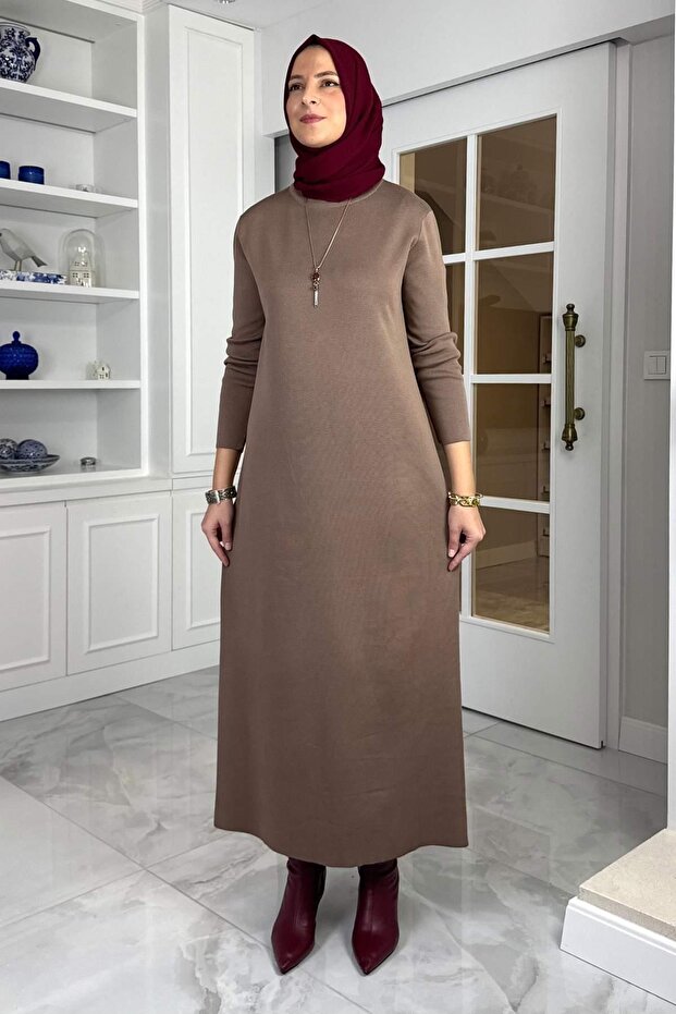 Öykü Çelik Örme Triko Elbise Sütlü Kahve - 4