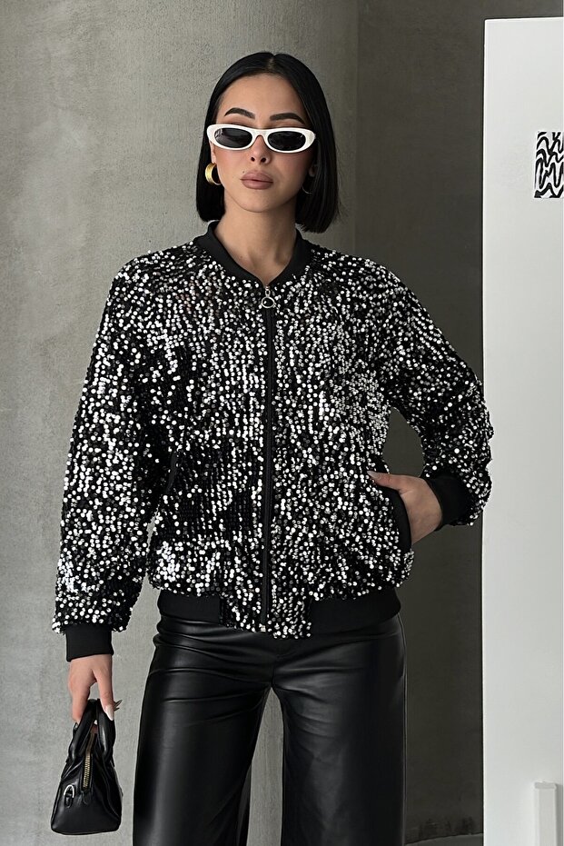 Sequined Bomber Jacket Silver - 5