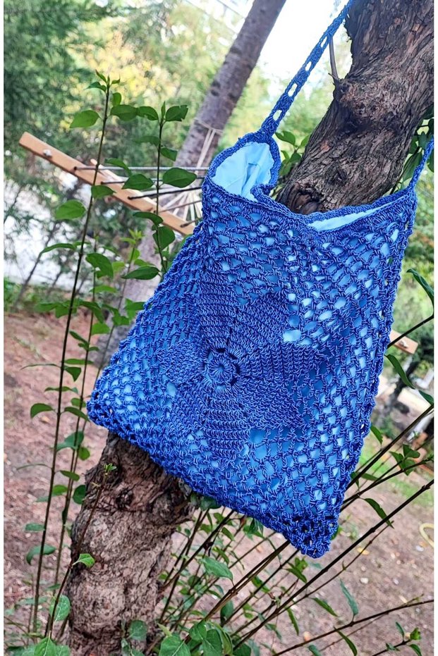 Handcrafted Knitted Bag / Crocheted with Bright Purple Macrame Cord / Lined and with Inner Pocket (30X29)