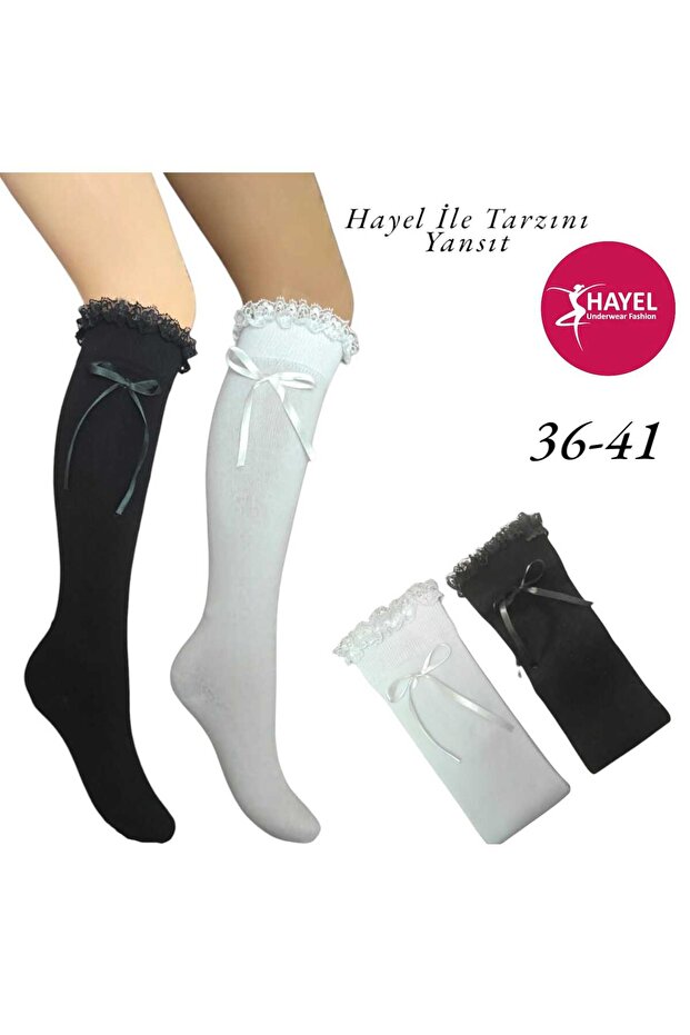 2 Pairs Women's White Black Knee-Length Lace Bow High Quality Cotton Combed Socks