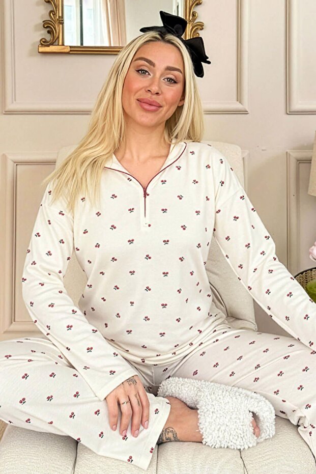 Ekru Kiraz Desenli Uzun Kollu Waffle Örme Kadın Pijama Takımı - 1