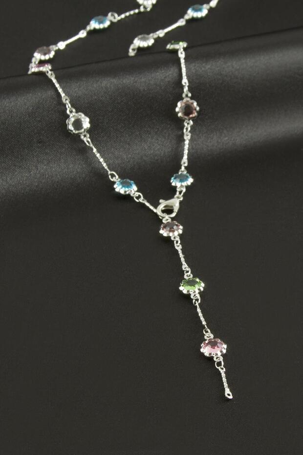 Flower Zircon Stone Steel Y Necklace