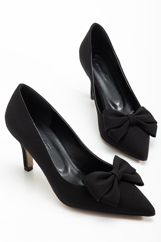 Plus Size Women's Stiletto Thin Heel Shoes Black Satin Bowknot