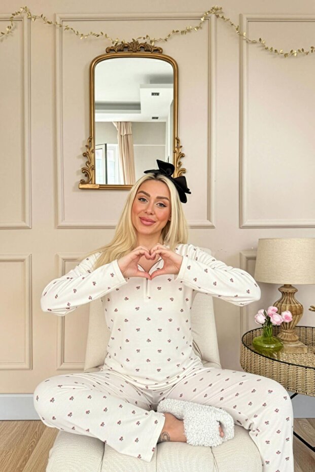 Ekru Kiraz Desenli Uzun Kollu Waffle Örme Kadın Pijama Takımı - 3