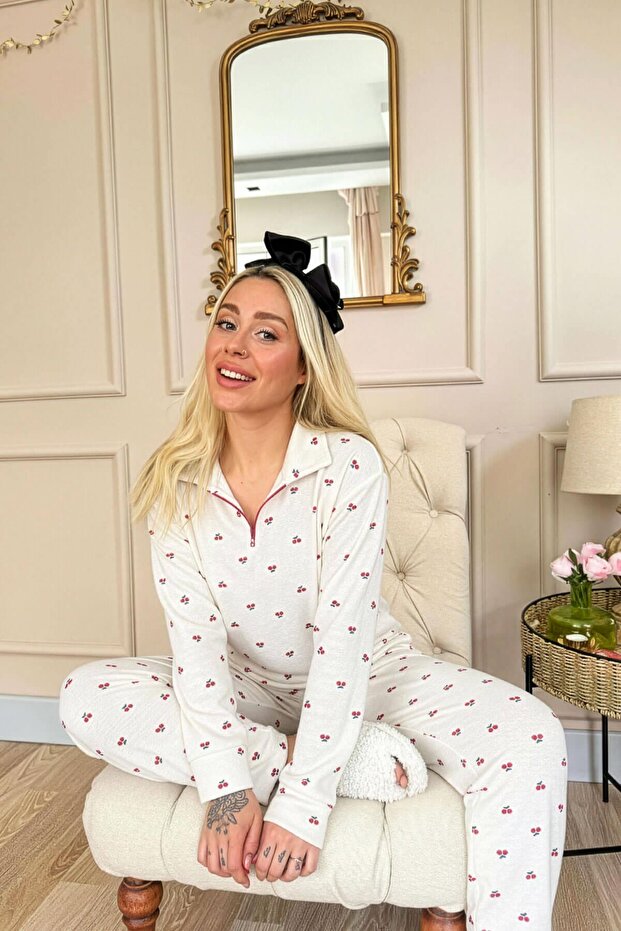 Ekru Kiraz Desenli Uzun Kollu Waffle Örme Kadın Pijama Takımı - 2
