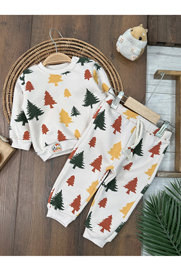 3-Thread Cotton Pine Printed Winter Unisex Baby Set with Snap Fasteners on the Shoulders