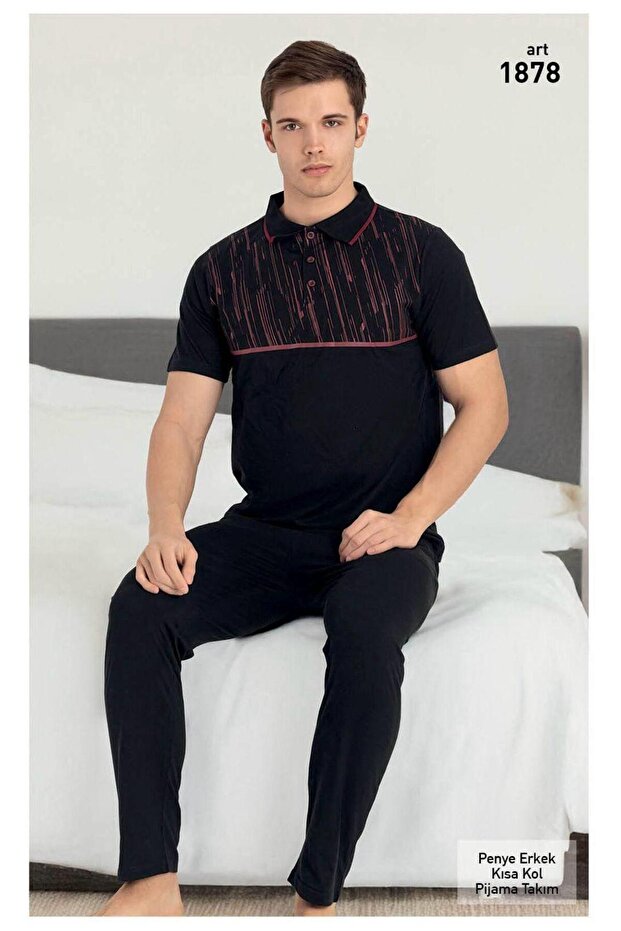 Men's Black Cotton Pocket Buttoned Collar Pajama Set T-Shirt Pants Short Sleeve Set