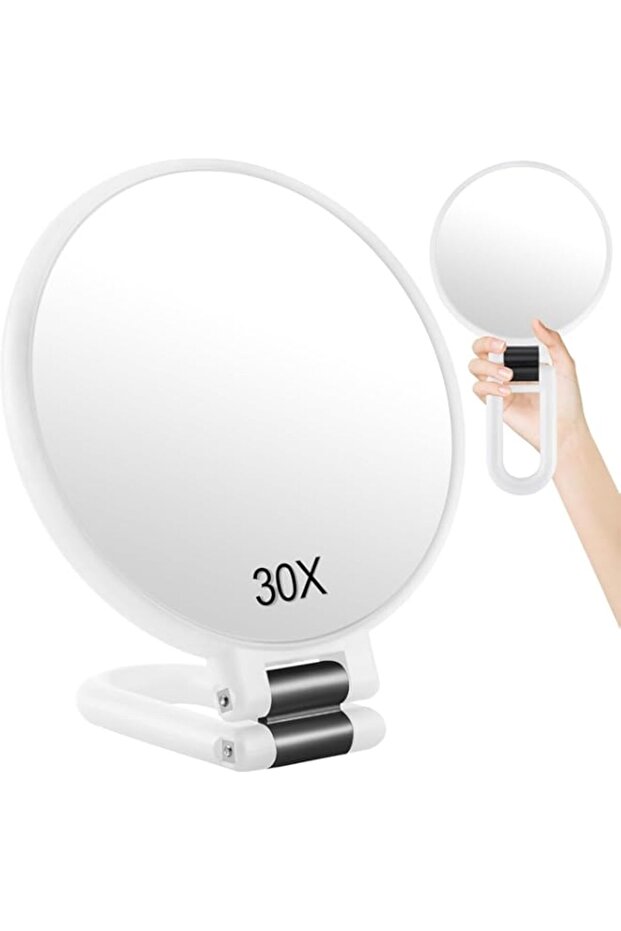 30X Magnifying Mirror, Travel Hand Mirrors with Handle, Double Sided Handheld Mirror with 30X/1X Handle, Portable Small Makeup Mirror for Desk, Black (White)