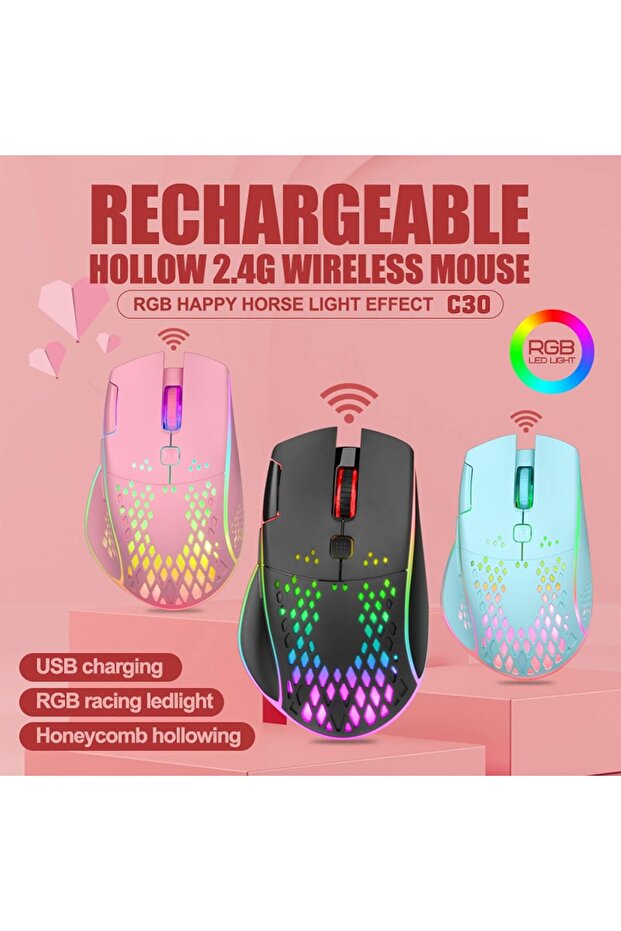 Wireless Gaming Mouse C30 — Silent Click, Rechargeable, Double-click Switch, RGB LEDs, 3 Ad - 6