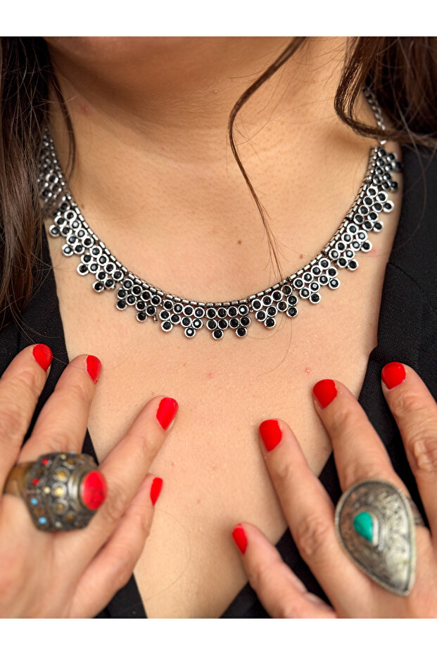 Zarif Siyah Hint Kolye Seti - 1