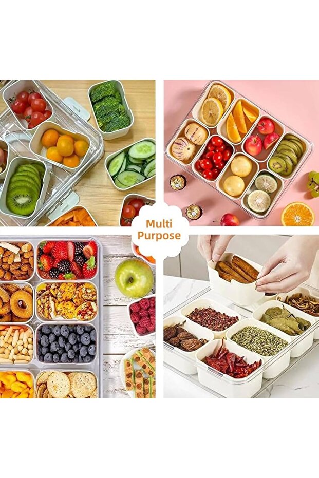 Divided serving tray with clear lid and handle, designed for storing and serving snacks, nuts, fruits and desserts. - 5