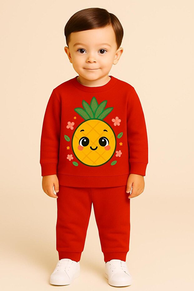 Pineapple Printed Long Sleeve Crew Neck Children's Tracksuit Set Unisex 3 4 5 6 7 8 9 10 11 12 Years