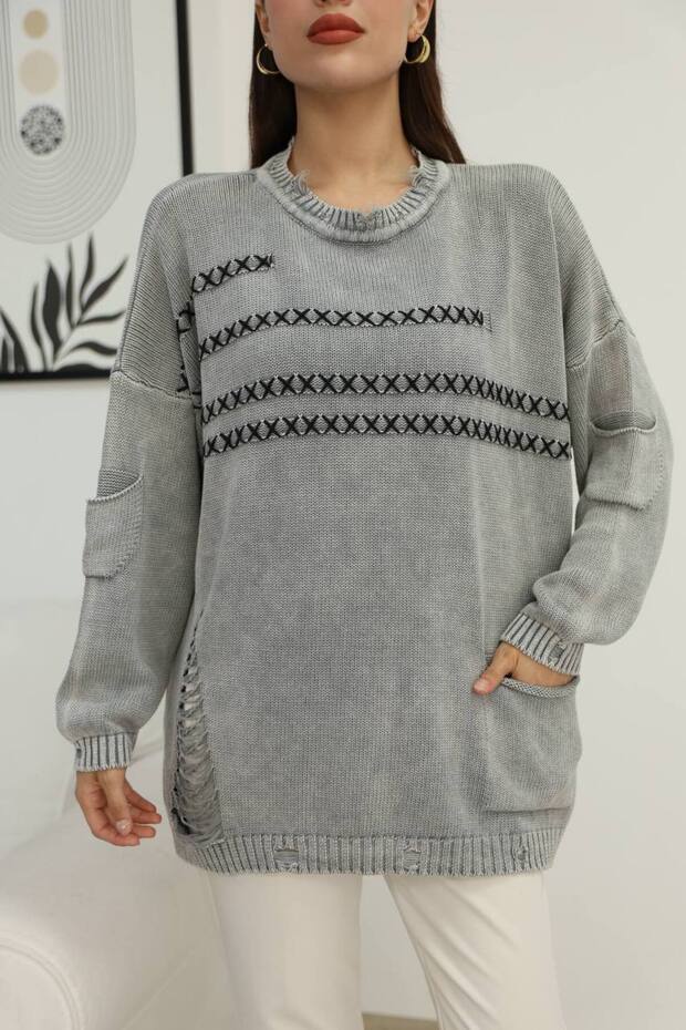Women's Gray Round Neck Distressed and Ripped Detailed Pocketed Long Sleeve Loose Cotton Knitwear Sweater Blouse