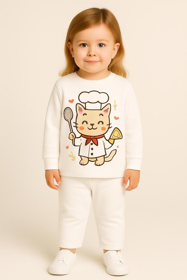 Cooking Cat Printed Long Sleeve Crew Neck Kids Tracksuit Set Unisex 3 4 5 6 7 8 9 10 11 12 Years