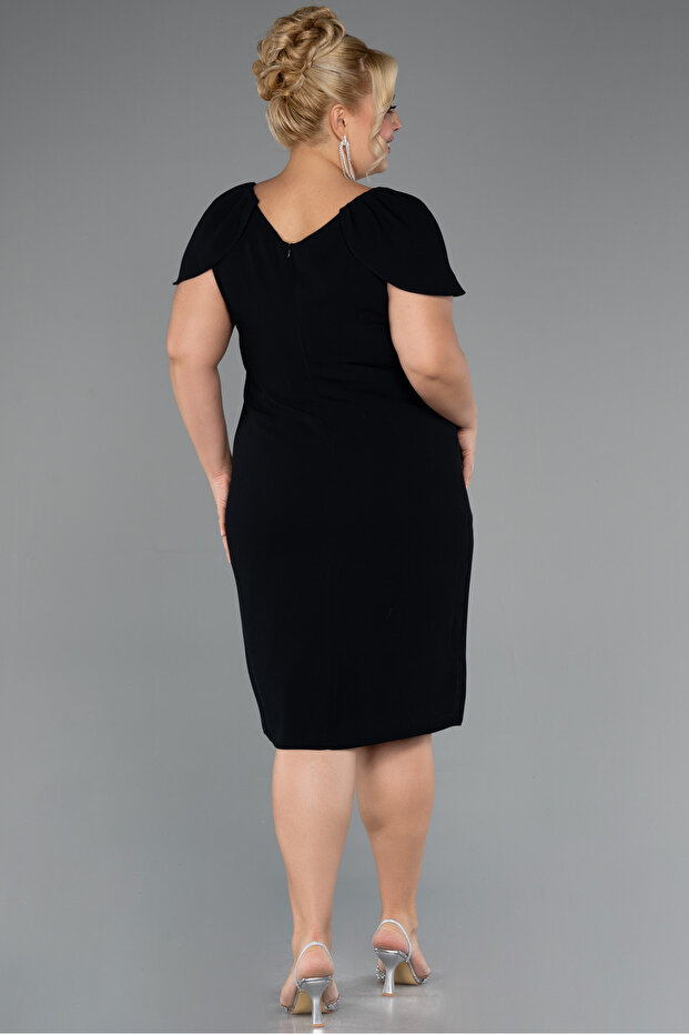 Siyah Kısa Kol V Yaka Midi Büyük Beden Davet Elbisesi ABK2432 - 2