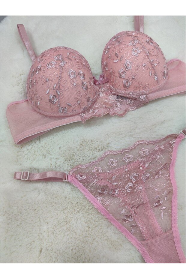 Women's Lace and Embroidered Guipure Detailed Padded Underwear Set Dowry Set