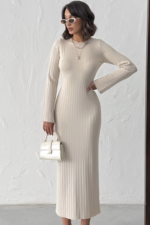 Yuvarlak Yakalı Uzun Kollu Fitilli Şık ve Cool Dar Kalıp Esnek Triko Uzun Kalem Elbise - 1