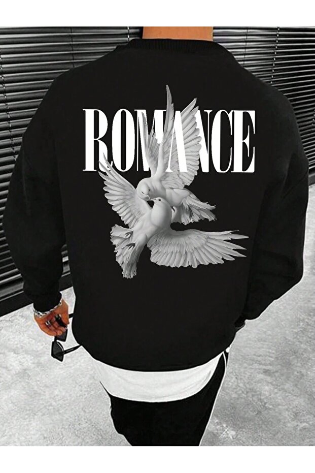Men's Black Romance Dove Printed Oversized Sweatshirt