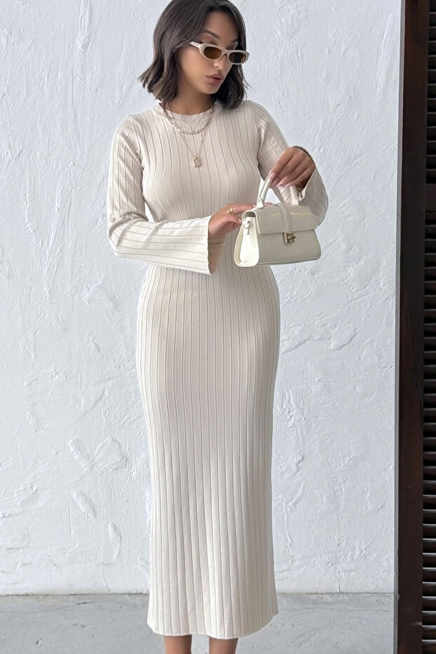 Yuvarlak Yakalı Uzun Kollu Fitilli Şık ve Cool Dar Kalıp Esnek Triko Uzun Kalem Elbise - 3