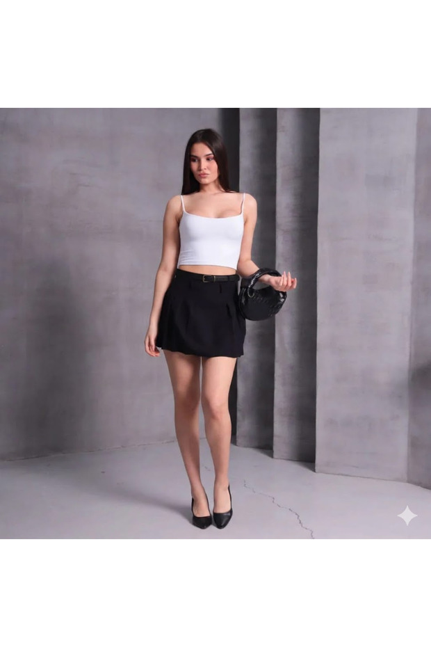 Kadın Çift Pileli Double Krep Kumaş Kemerli Şort Etek - 5