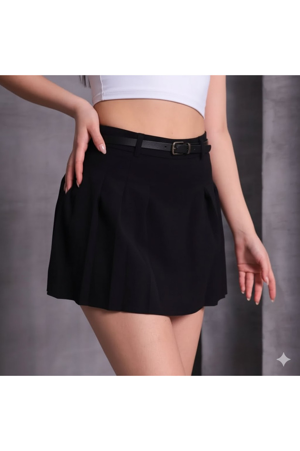 Kadın Çift Pileli Double Krep Kumaş Kemerli Şort Etek - 3