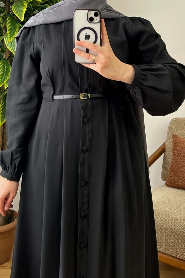 Düğmeli Modal Elbise - 3