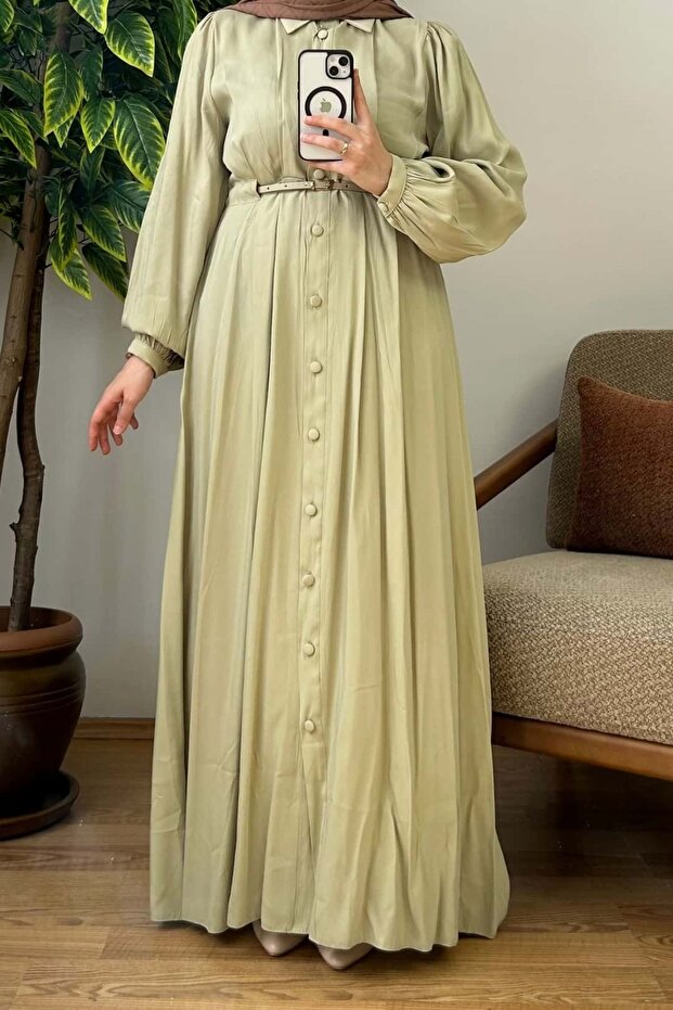 Düğmeli Modal Elbise - 1