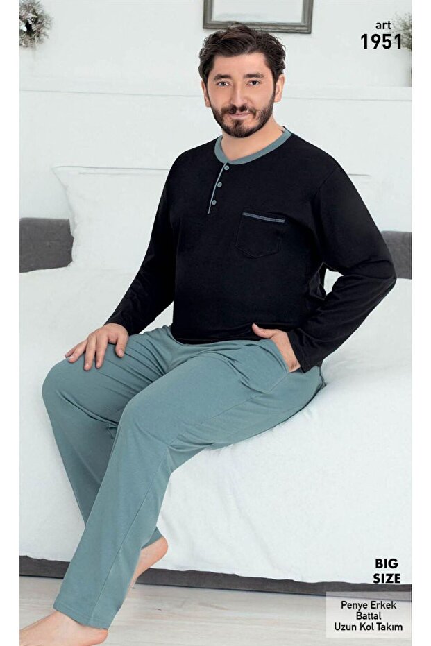 Men's Black Pajama Set Oversized Long Sleeve Pants Cotton Seasonal with Pockets Cotton Regular Plus Size