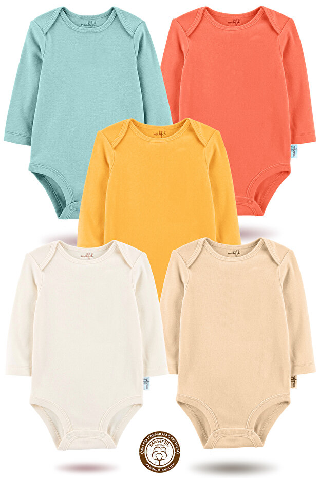 100% Cotton Long Sleeve Baby Bodysuit with Snap Fasteners, Set of 5
