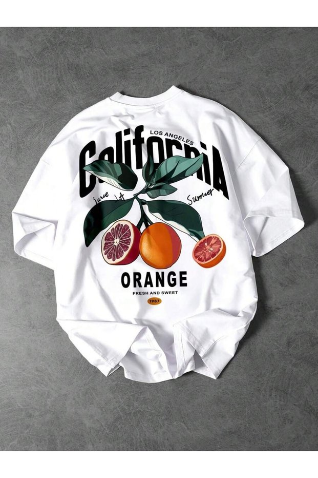 Men's White California Orange Printed Oversize T-Shirt