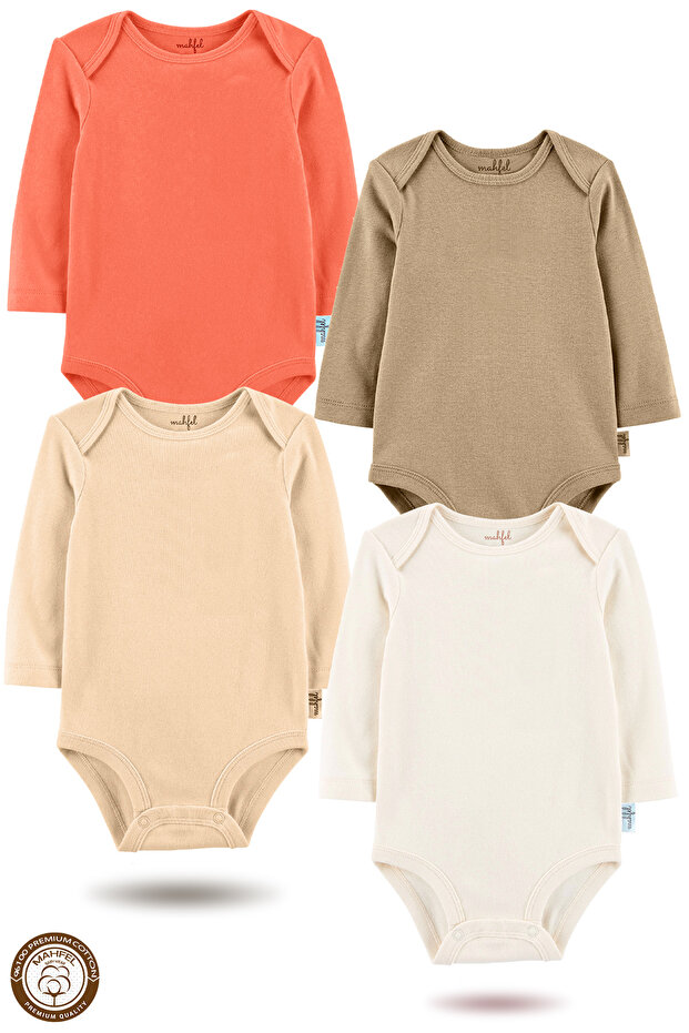 100% Cotton Long Sleeve Baby Bodysuit Snap Fastener Bodysuit Set of 4