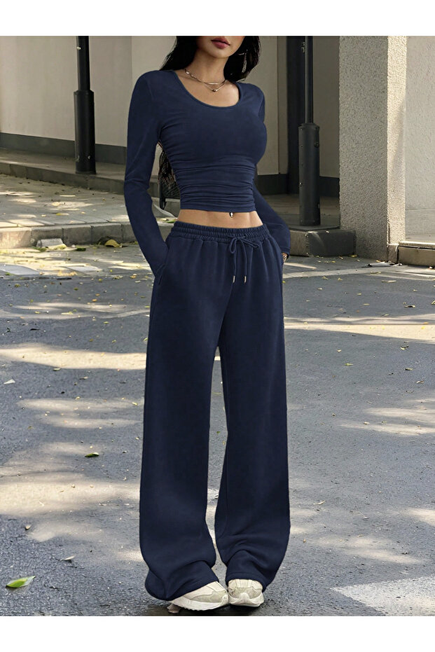 Dámské tepláky z česané bavlny v tmavě modré barvě na zimu, 2 vlákna, zesílené, s vnitřním fleecem - 7