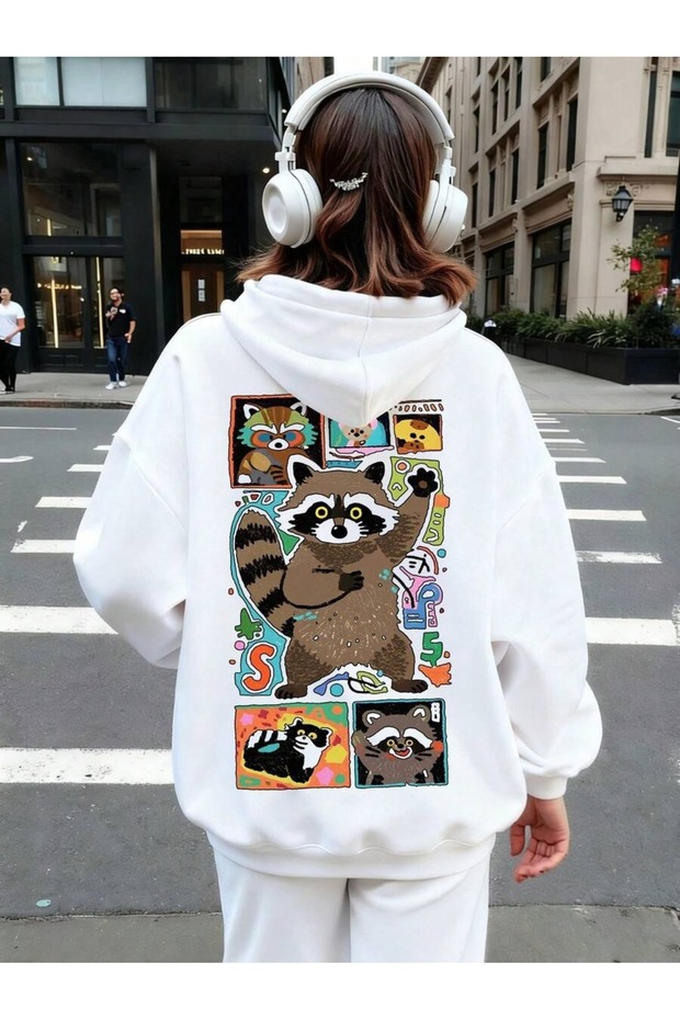 Women's White Cartoon Raccoon Printed 3 Thread Hoodie Sweatshirt