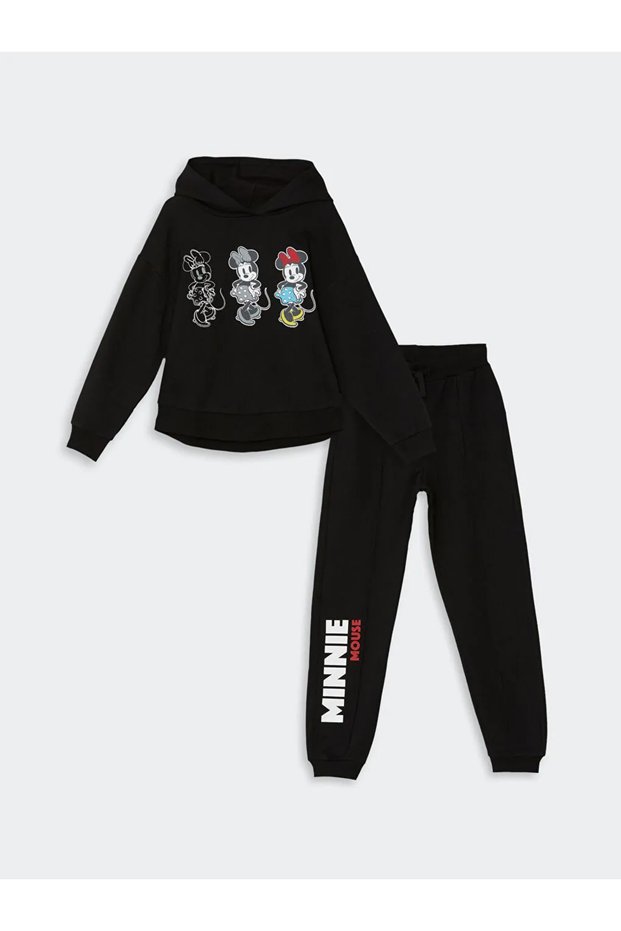 Lcw Kids Black Minnie Mouse Printed Girls' Hoodie and Sweatpants