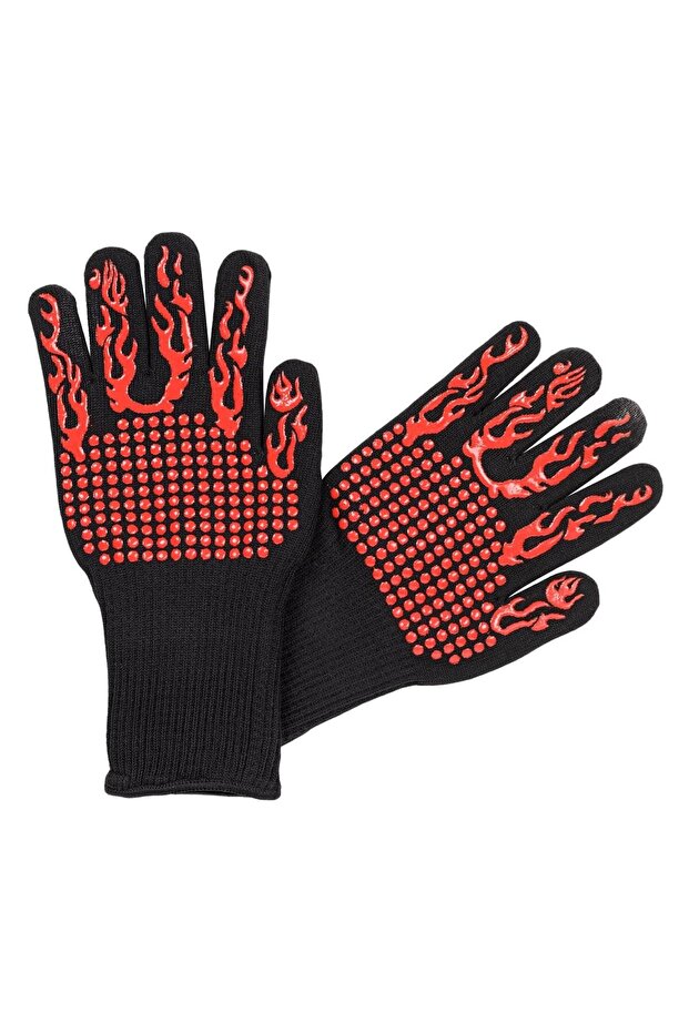 Black BBQ Gloves with Red Patterns - 2pcs - 3