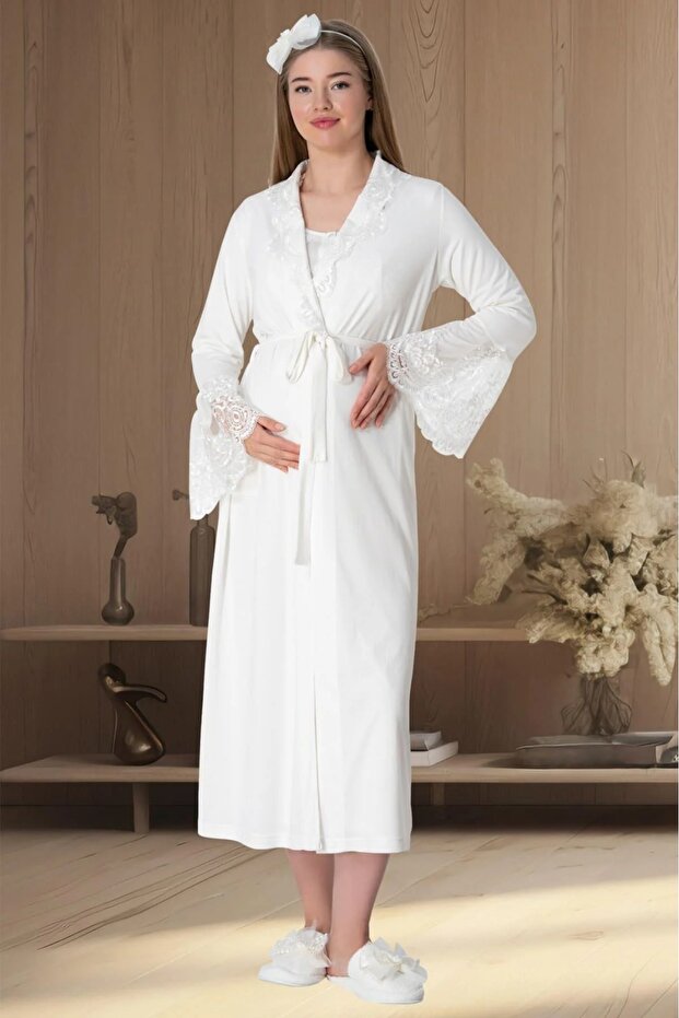 Women's Ecru Shawl Collar Lace Embroidered Special Design Maternity Nightgown Dressing Gown Set 2 Piece Set