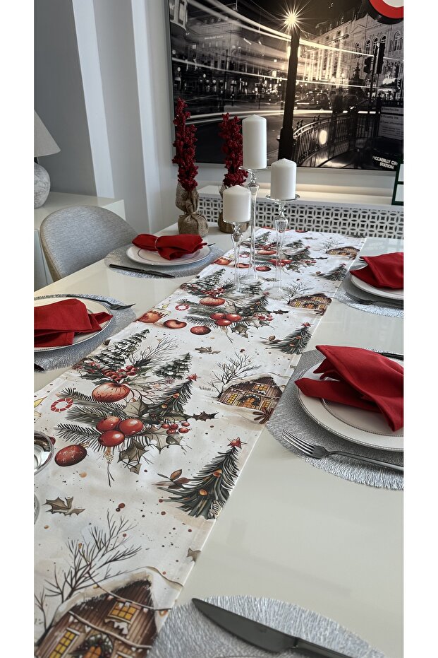 New Year Winter Themed Ecru Red Runner Christmas Runner 1 Piece (Not Including Napkin)