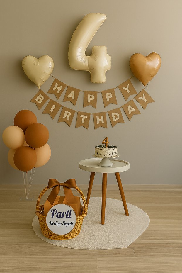 Cream Brown 4Th Birthday Balloon Set | Happy Birthday Banner + Heart Foil + Balloon Stand Included