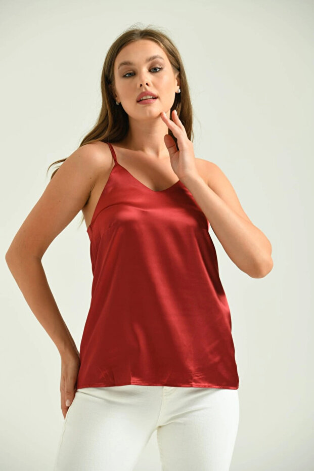 Kadın Atlet İp Askılı Saten Atlet Bordo - T091 - 4