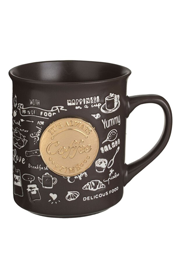 Brown Ceramic Mug with Pattern & Metallic Patch "Coffee" 400ml - 1
