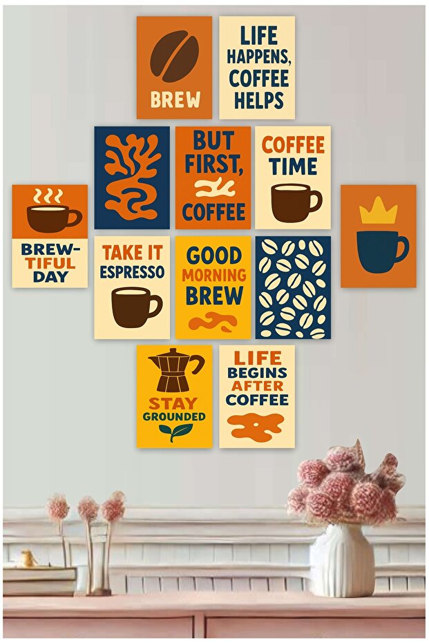 Coffee Themed 12-Piece Retro Wall Painting Set 15X20 cm Mdf Print with Humorous Slogans
