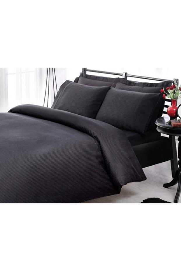 Premium Basic Stripe Double Bed Linen Black, 100% Cotton