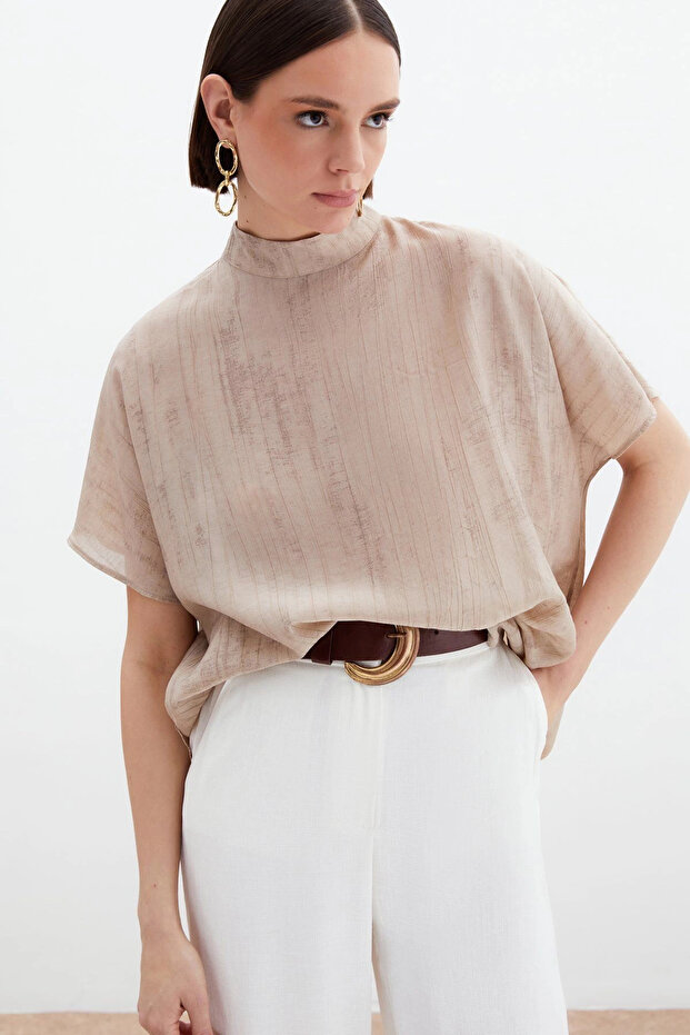 Patterned Shabby Blouse - Beige - 3